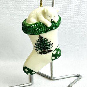 Spode Christmas Tree Ornament Kitten in a Stocking Holiday Sleeping Cat